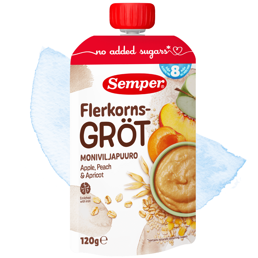 Spiseklar flerkornsgrøt med eple, fersken og aprikos